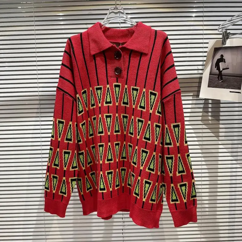 

Женский трикотажный свитер с треугольным рисунком, Красный Полосатый Свободный пуловер с отворотом, Повседневная винтажная одежда в Корей...