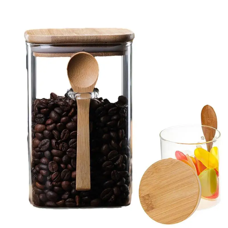 Glass Storage Container With Wood Lid Glass Bottle With Spoon Storage Glass Jar Food Tank Clear Coffee Canister For Kitchen