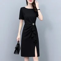 elegant black bodycon dress with side slit slim waist falbala 2022 summer dress women quality clothing short sleeve knee length