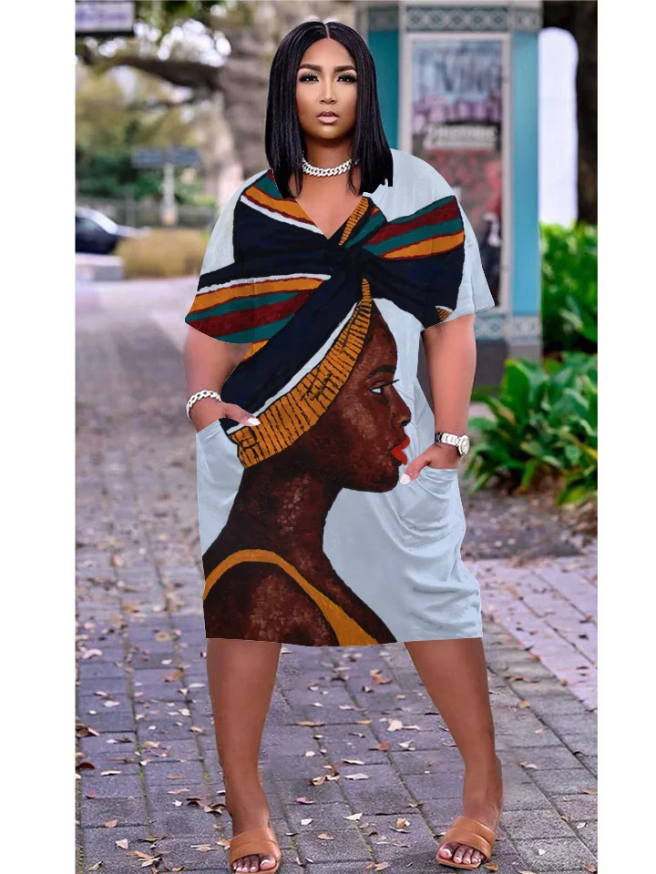 

Hot Bohemian Casual Dress 3D Printed Fashion Women Short Sleeve Dresses Sexy Girls Knee-length Boho V-Neck Loose Beachwear Dress