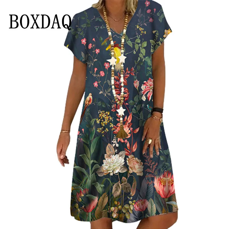 

Женское летнее платье с v-образным вырезом и коротким рукавом с принтом, модное повседневное свободное платье большого размера, винтажное п...