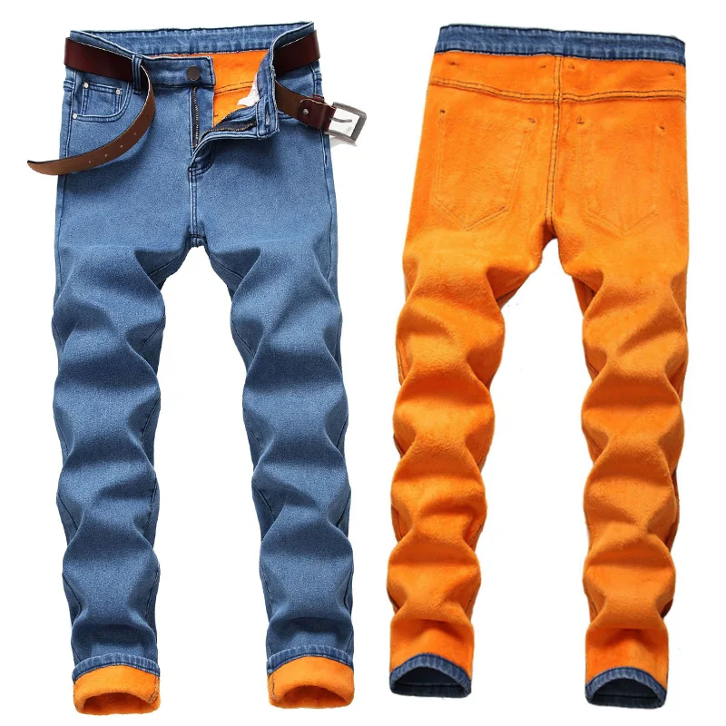 Winter Fleece Warm Jeans Men Casual Fashion Thicken Warm Pants Male Stretch Straight Denim Trousers Men's Jeans Pants