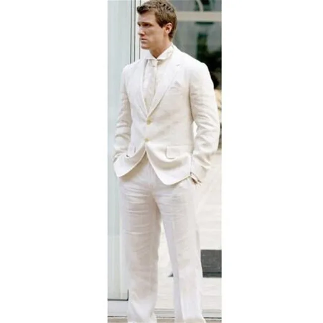 

Causal Modern Men Blazer 2 Pieces (Jacket + Pants + Tie) Latest Coat Pants Designs Men Costume Ivory Linen Summer Elegant Tuxedo