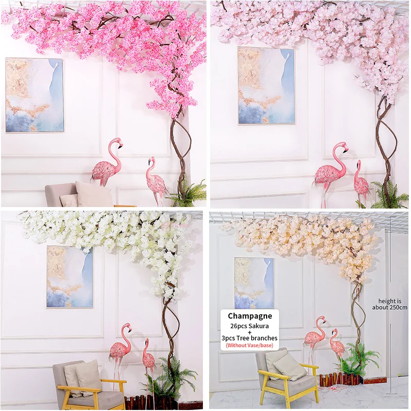 

Set Artificial Cherry Blossom Tree Suit Sakura Flowers Branches Liana Vine DIY Hotel Landscape Wedding Arch Home Wall Decoration
