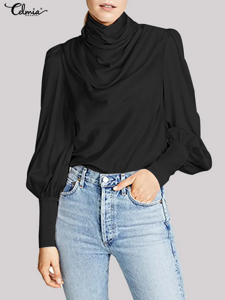 

Celmia 2022 Summer Solid Tunics Women Puff Long Sleeve Blouse Elegant Satin Silk Cowl Neck Shirt Casual High Collar Office Tops
