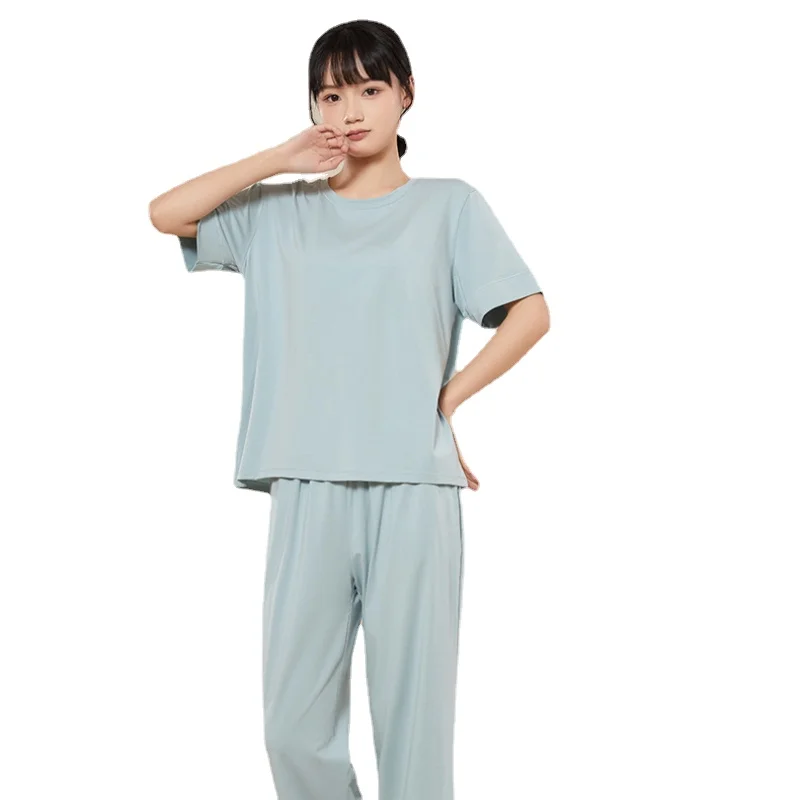 Pajamas Women Summer Solid Color Cool Feeling Pure Cotton Short-sleeved Trousers Suit Soft and Casual Sleepwear with Round Neck