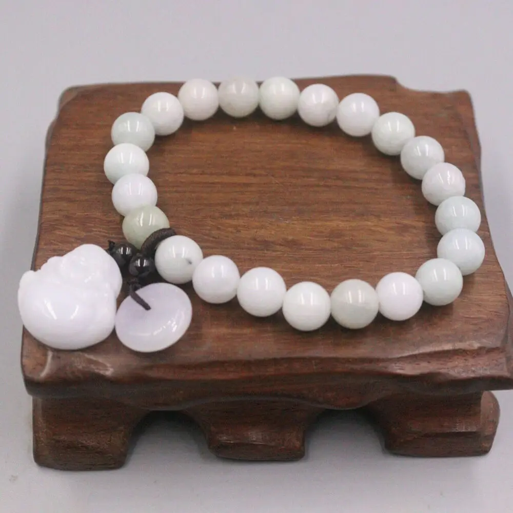 Натуральный жадеитовый талисман "Счастливый Будда" на браслете с 8-миллиметровыми жемчужинами для женщин.