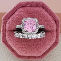 punki new fashion pink round cubic zirconia finger rings set for women girl cute square bridal wedding party jewelry gift