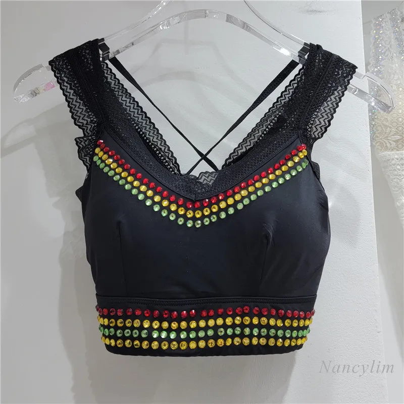 

Colorful Rhinestone Tank for Women 2022 Summer New Classic Style Hot Drilling Chest Pad Lace Patch Underwear Crop Top