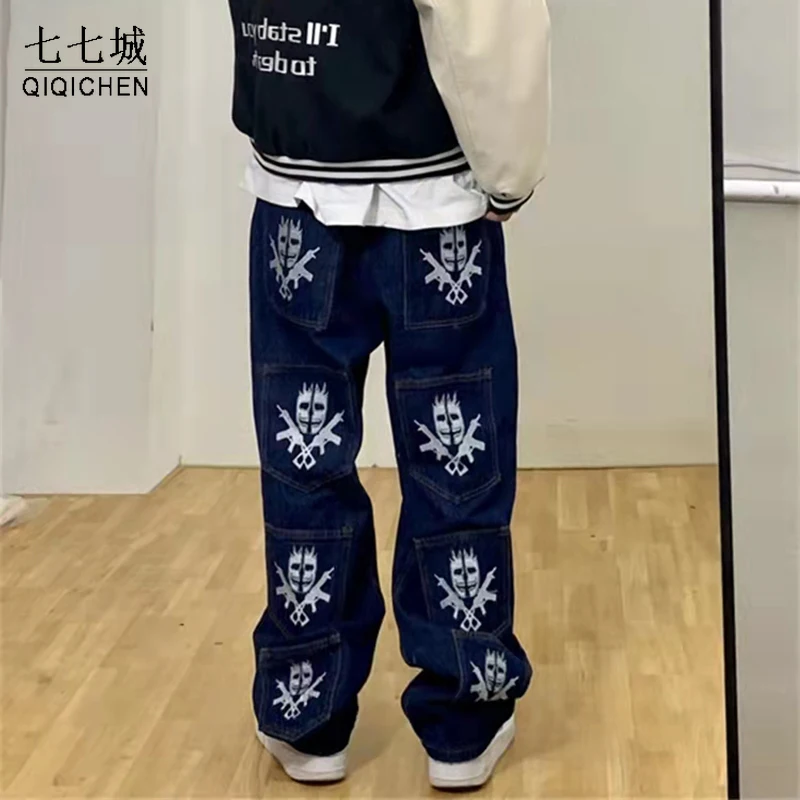 

Retro Skull Gun Embroidery Mens Jeans Pants Straight Spliced Ripped Loose Washed Denim Trousers Oversized Casual Couple Pants