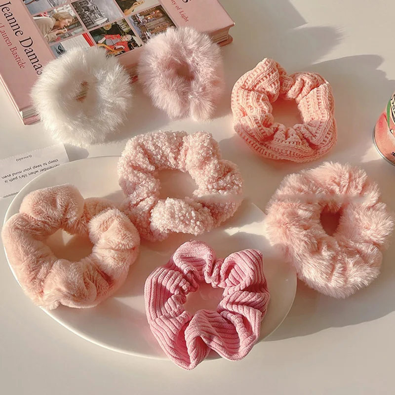 

New Pink Soft Plush Women Hair Scrunchies Elastic Hair Bands Fashion Furry Hair Ties Ponytail Holder Korean Hair accessories