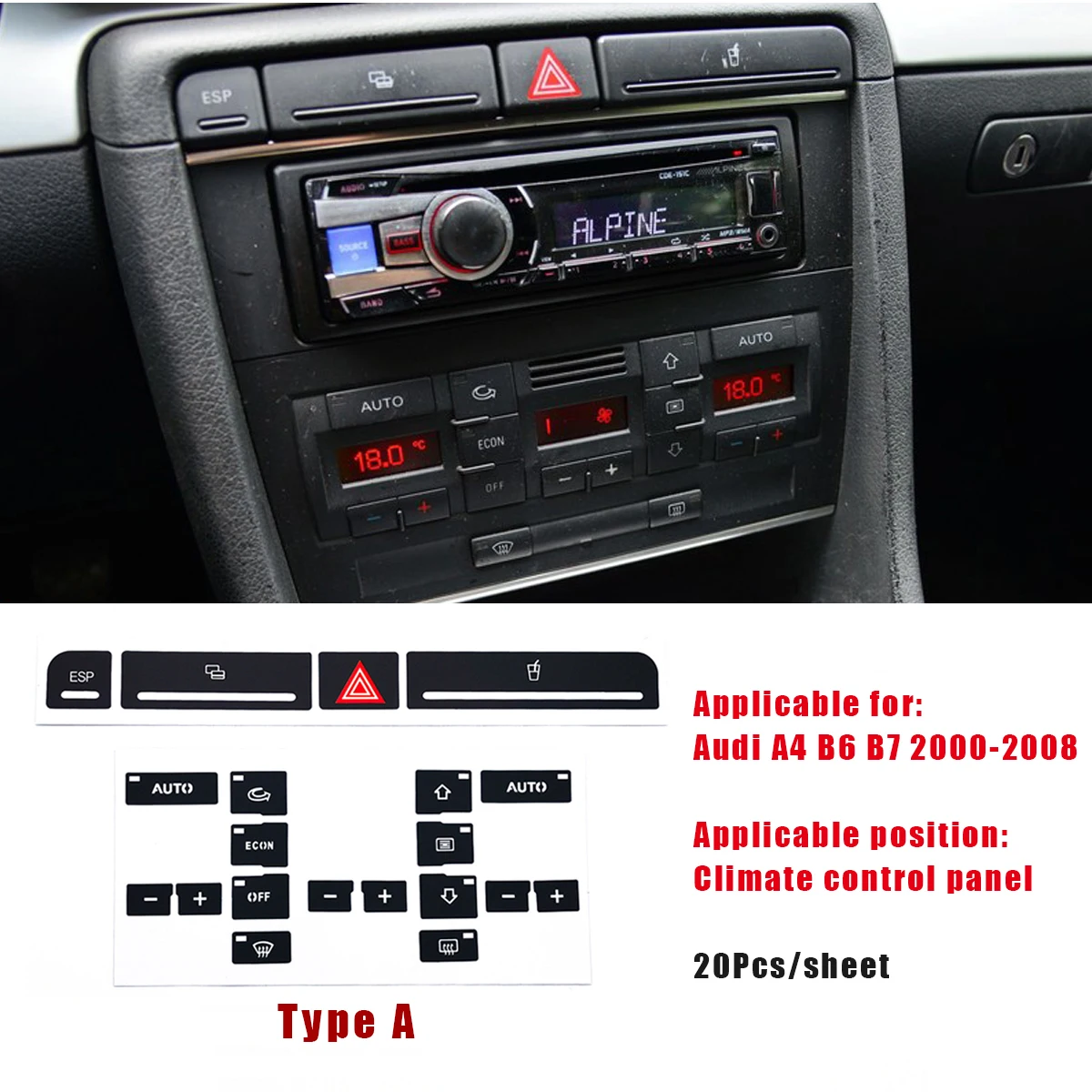 

Для Audi A4 B6 B7 ремонтная наклейка 2000-2008 кнопка переключения стеклоподъемника ремонтный комплект для панели приборной панели ESP сигнализация климат кнопка