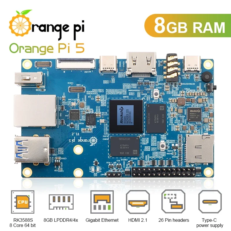 Orange Pi 5 8 ГБ RK3588S с Wi-Fi + BT Gigabit Ethernet PCIE SSD Одноплатный компьютер поддержка ОС Android 12