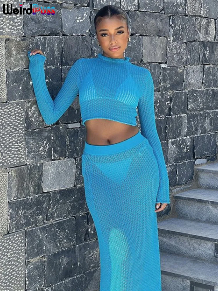 

Женский костюм для отпуска из двух предметов, короткий топ с длинным рукавом + юбка, вязаный крючком, прозрачный, подходящий, стрейчевый, обл...