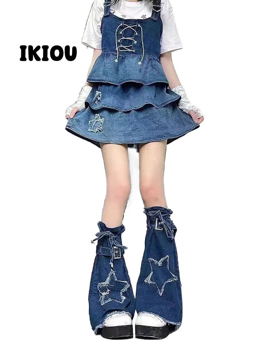 Новое поступление голубые потертые джинсовые гетры с кулиской уличный стиль