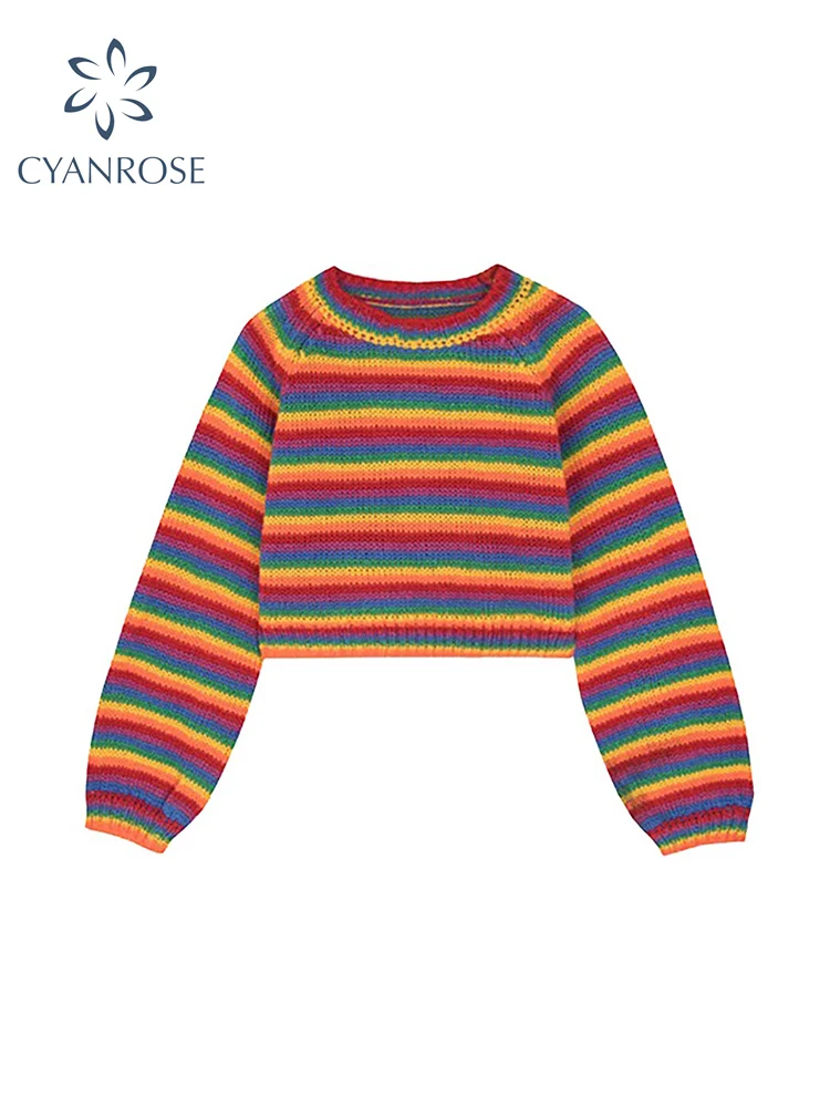 

Women Colorful Striped Rainbow Knitted Sweater 2022 Autumn Winter Korean Style Casual Long Sleeve Pullover Female Crop Top