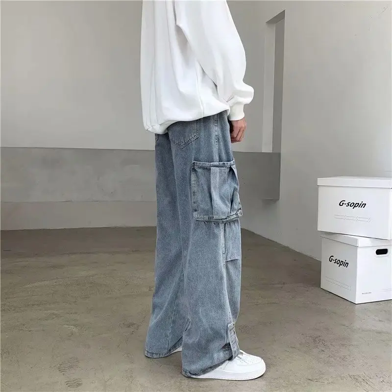 Large Pocket Work Clothes Jeans Harajuku Style Falling Work Clothes Jeans Men's Straight Tube Loose Casual Pants