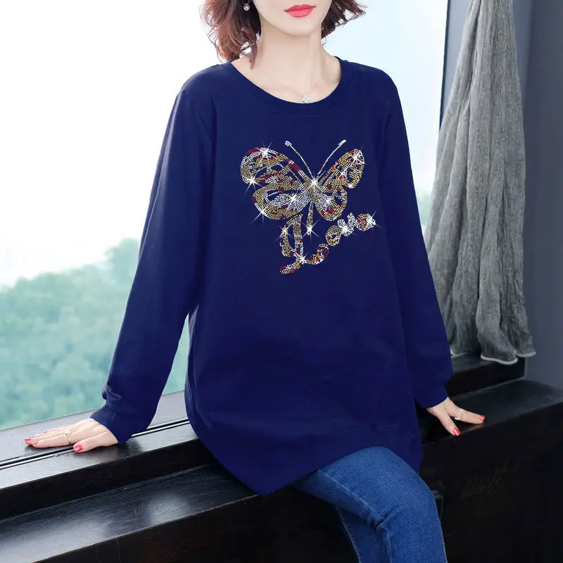 

Women Plus Size Tunics Butterfly Diamonds Oversized T-shirt Fat Lady Spring Long Sleeve O-neck Festival Casual Loose 6XL Tops