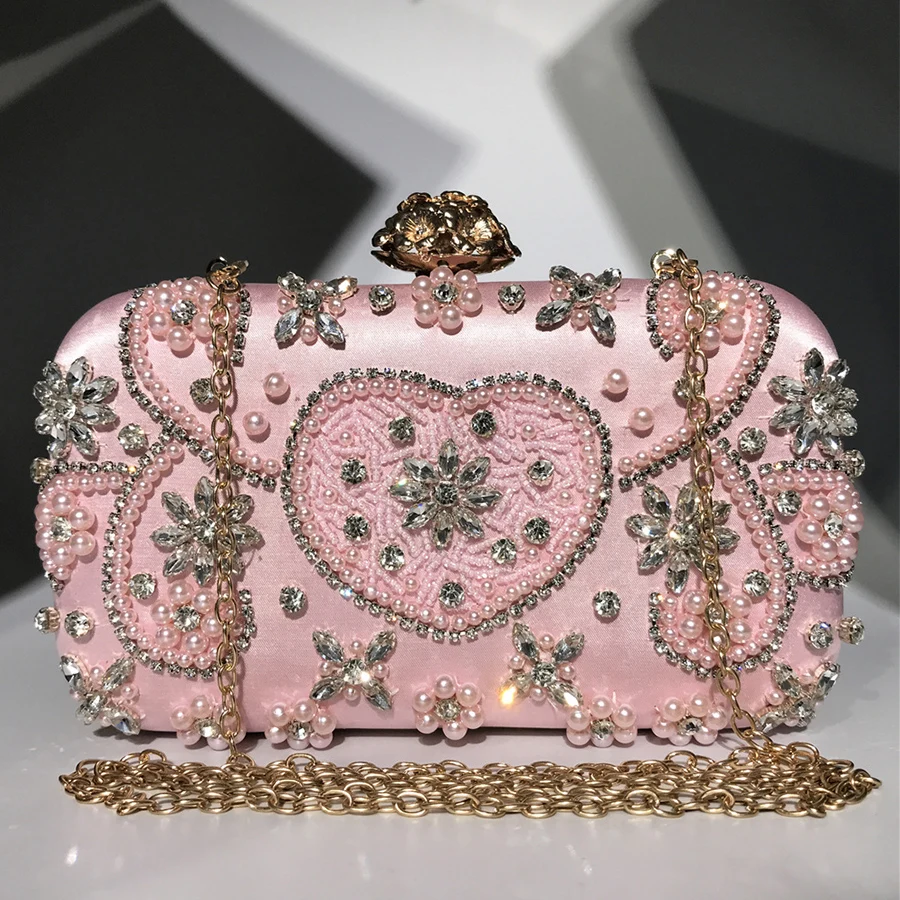 

Luxury Chains Evening Clutch Handmade Design Beaded Diamond Banquet Handbags Makeup Gown Bride Bag Gala Dinner Party Purses Sac