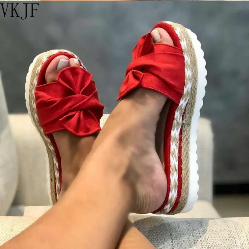 

Women Slippers Summer 2022 Platform Wedges Mid Heels Bow Tie Peep Toe Fashion Slides Beach Outdoor Ladies Shoes Zapatos De Mujer