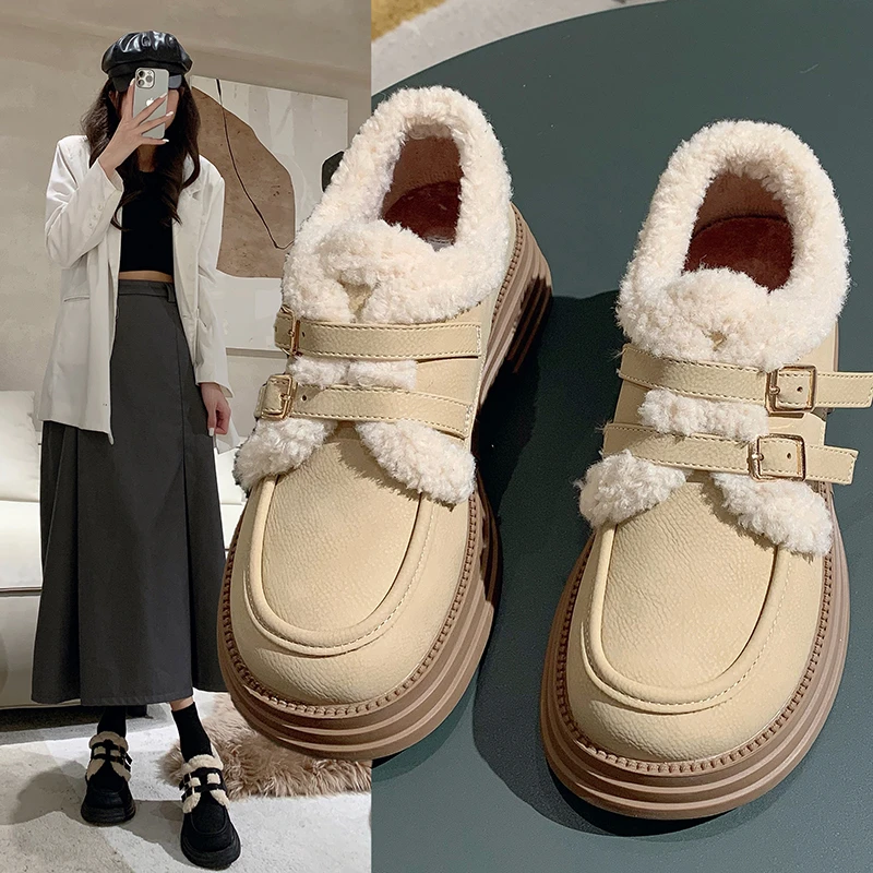 

Winter Add Velvet Small Leather Shoes Female Thick Sole Cotton Shoes Fashion Slip-on 2023 New Warm Casual Female Shoe Cover