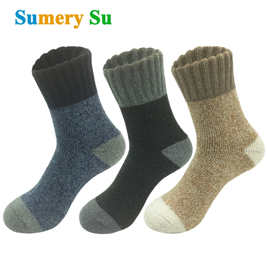 3 Pairs/Lot Wool Socks Men Vintage Warm Winter Thick Long Cashmere Color Blocking Design Fashion Socks Male Husband Father Gift