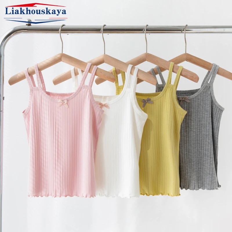 

Girls Vest Underwear White Summer Tank Tops For Girls Modal Children Undershirts Sweet Bowtie Sling Camisole Children Singlets
