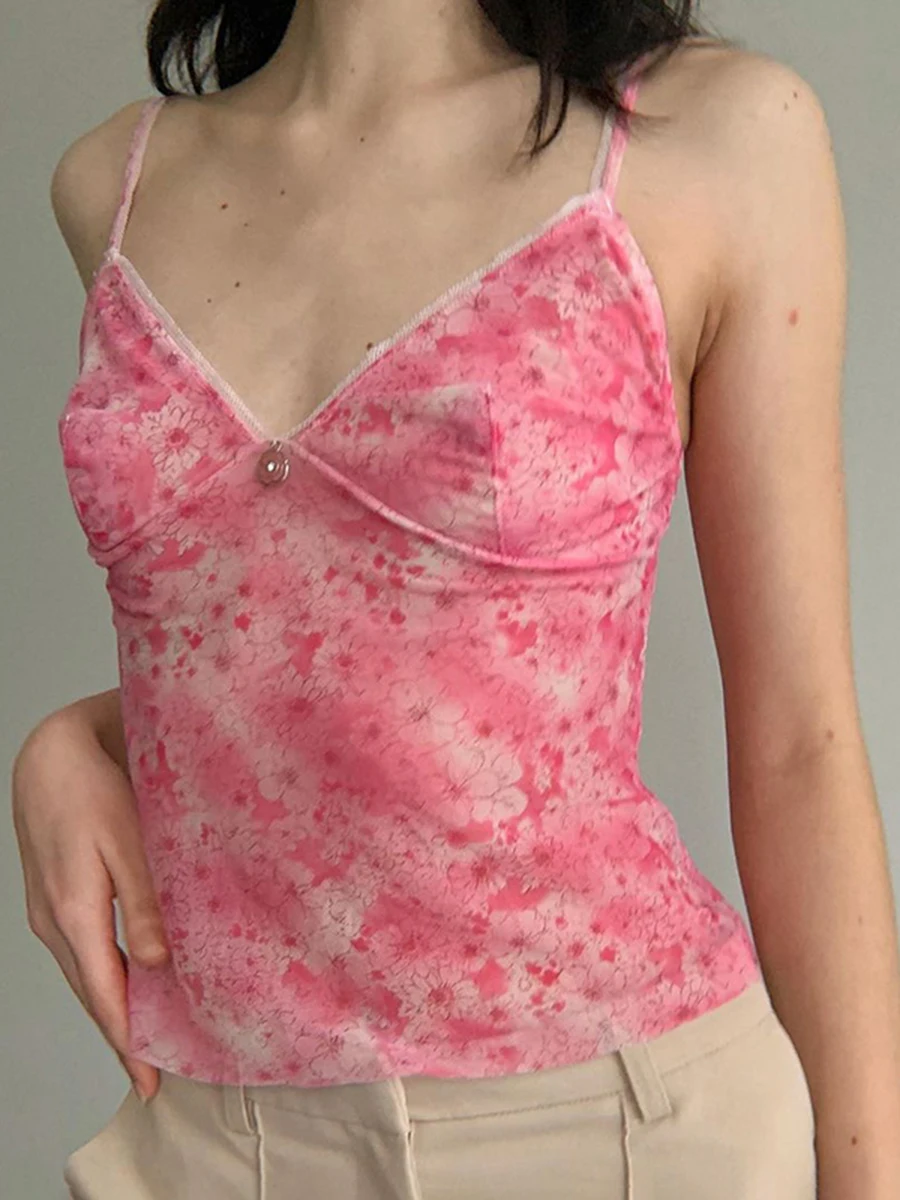

Women Crop Vest Sleeveless V Neck Floral Print See Through Casual Party Street Summer Tops