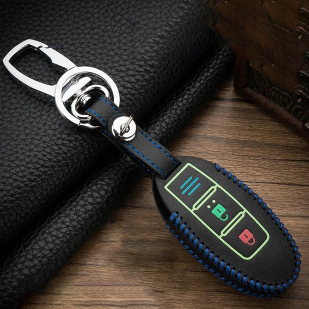 

1x 3 Buttons Key Case Luminous Leather Blue Line Car Remote Key Cover Case Fob Shell For Nissan Teana Qashqai Tools Useful
