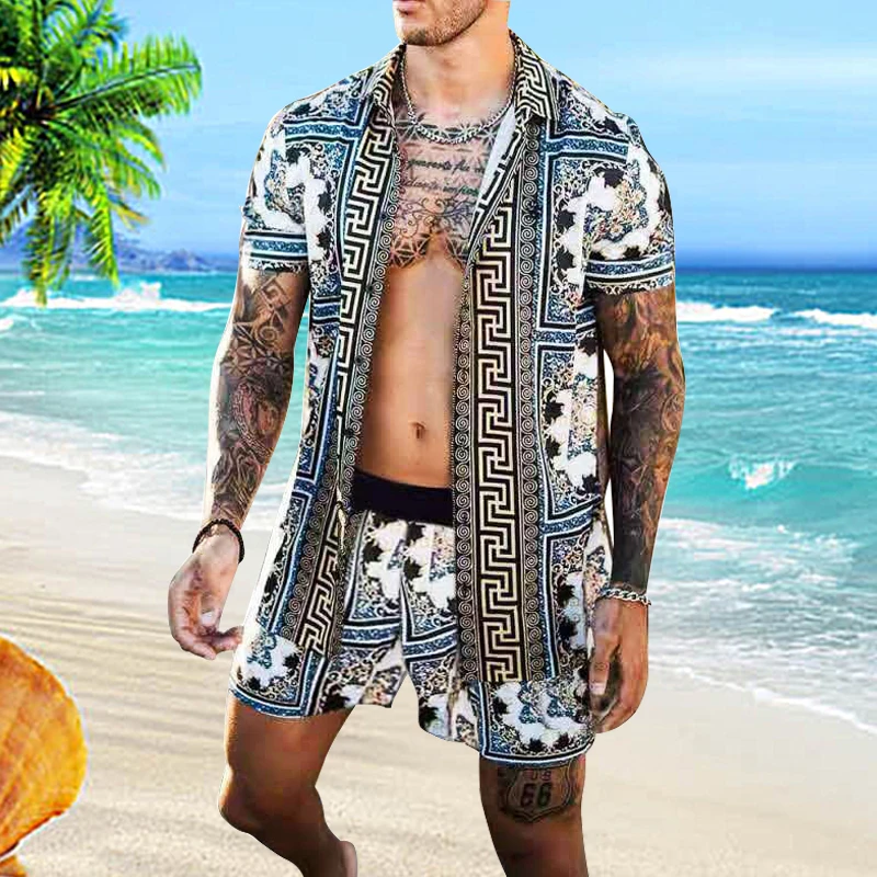 Мужской пляжный комплект из 2 предметов, рубашка с коротким рукавом и шорты на пуговицах, с цветочным принтом, повседневный уличный костюм в ... от AliExpress WW