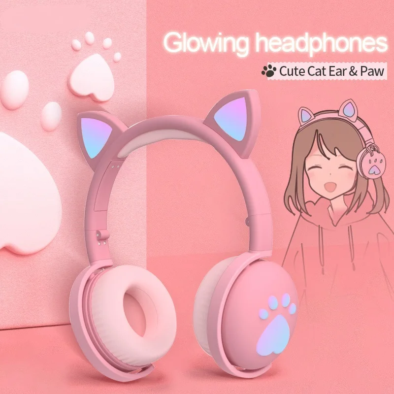 

Bluetooth Headphones glowing cute LED Cat Ear Paw Girls Gift Kids Headset Wireless HIFI Stereo Bass 3.5mm Plug With Mic
