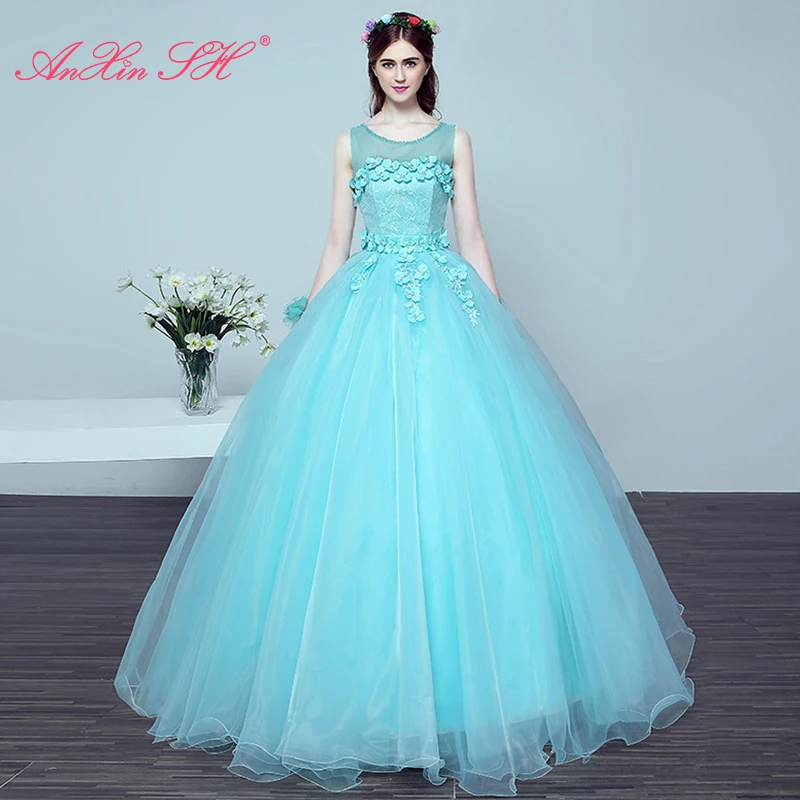 

AnXin SH princess blue rose flower lace evening dress vintage o neck sleeveless illusion ball gown lace up bride evening dress