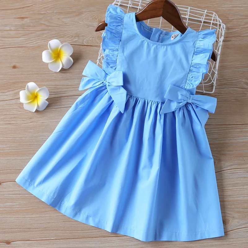 

Summer Girls Dress Pure Cotton Bow Decoration Ruffles Solid Color Pleated Dress For 3-8Years Old Kids Party Princess Dress