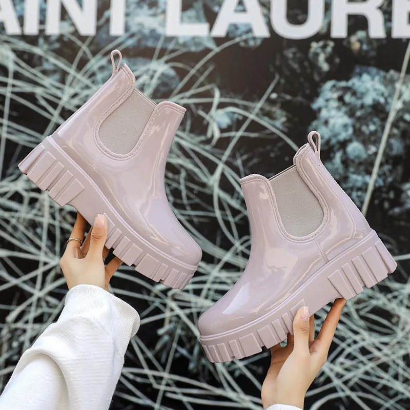 Spring Women's Low-Tube High-Top Locomotive Casual Rain Boots Non-Slip Wear-Resistant Ladies Rain Boots Punk Platform Shoes