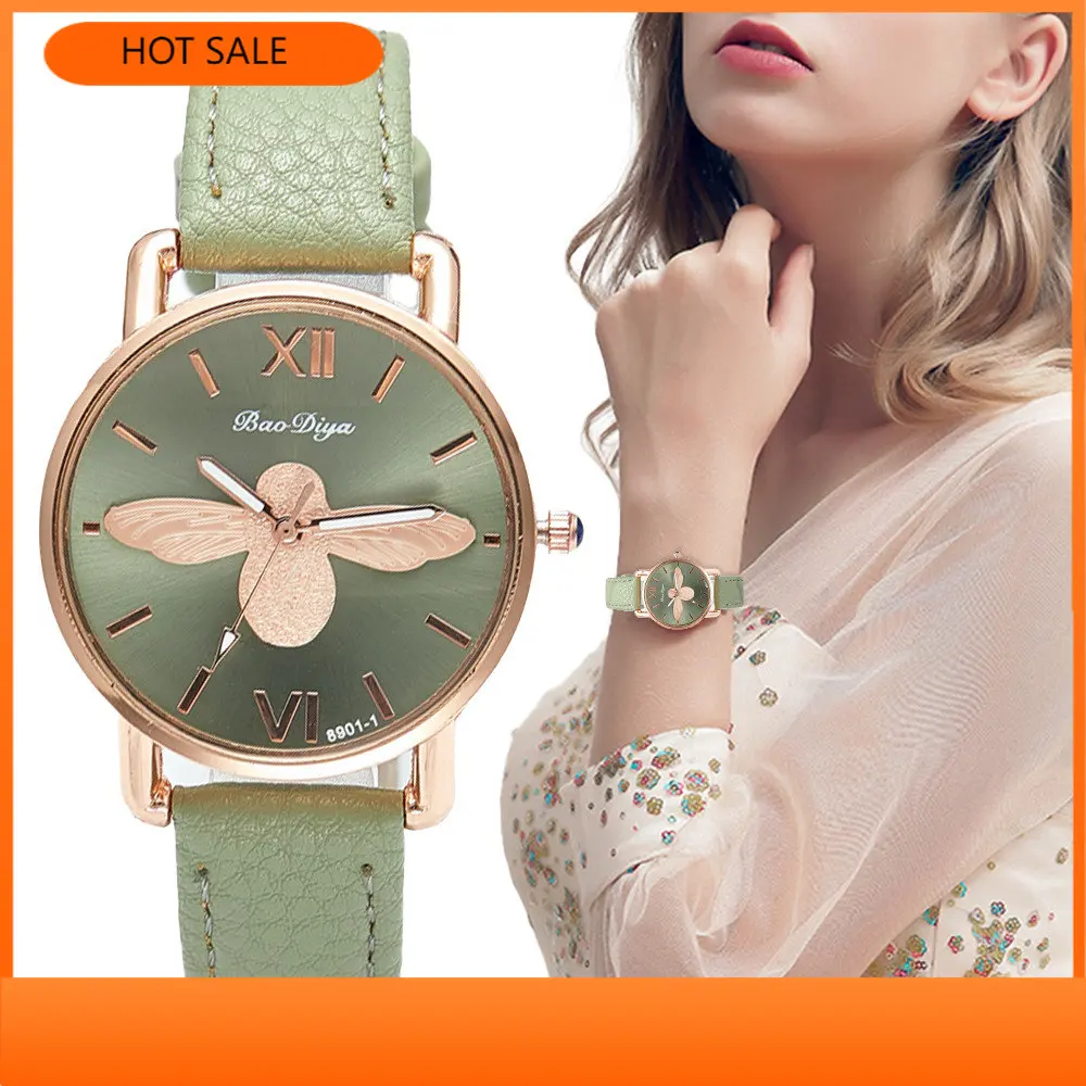 

Eenvoudige Kleine Bee Ontwerp Vrouwen Horloges Vintage Groene Lederen Dames Luxe Horloges Mode Casual Vrouwelijke Quartz Klok