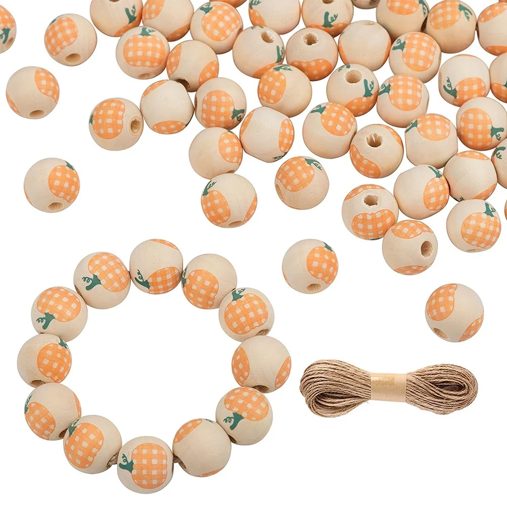 

100Pcs Fall Wooden Beads Pumpkin Plaid Wood Bead for Thanksgiving Halloween Harvest Farmhouse DIY Craft Garland Making