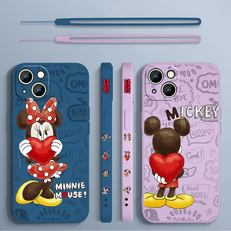 

Disney Mickey Mouse Love Phone Case For Apple iPhone 14 13 12 mini 11 Pro 8 7 6S 6 Plus XR XS X Max Liquid Left Rope Cover