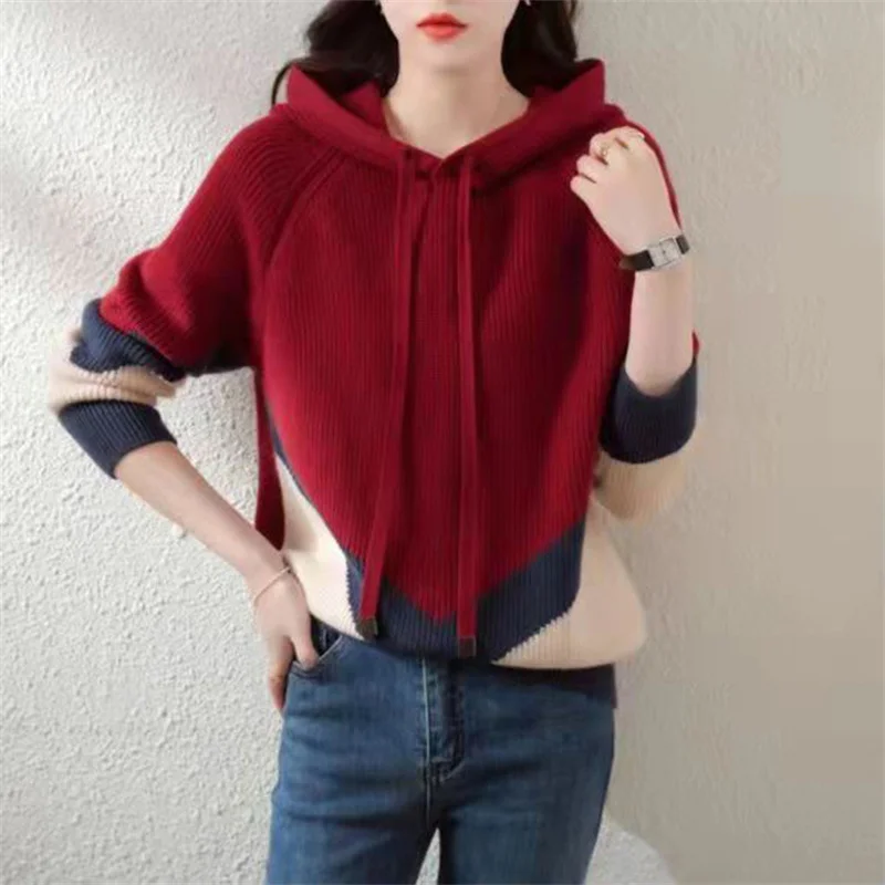 

Thicken Hoodies Pullover Sweater Woman Autumn Winter Loose Color-block Knitwears Lady Casual Top Long-sleeve Sweatshirt Jumper