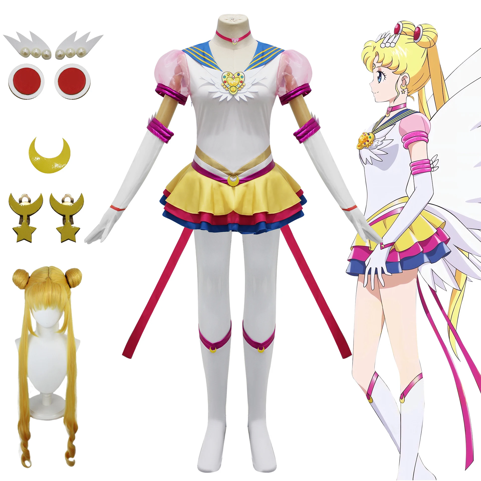 

Anime Sailor Moon Cosplay Costume Wig Tsukino Usagi Uniform Dress Yellow Wig Halloween Party Outfits Fighting Suit Dress