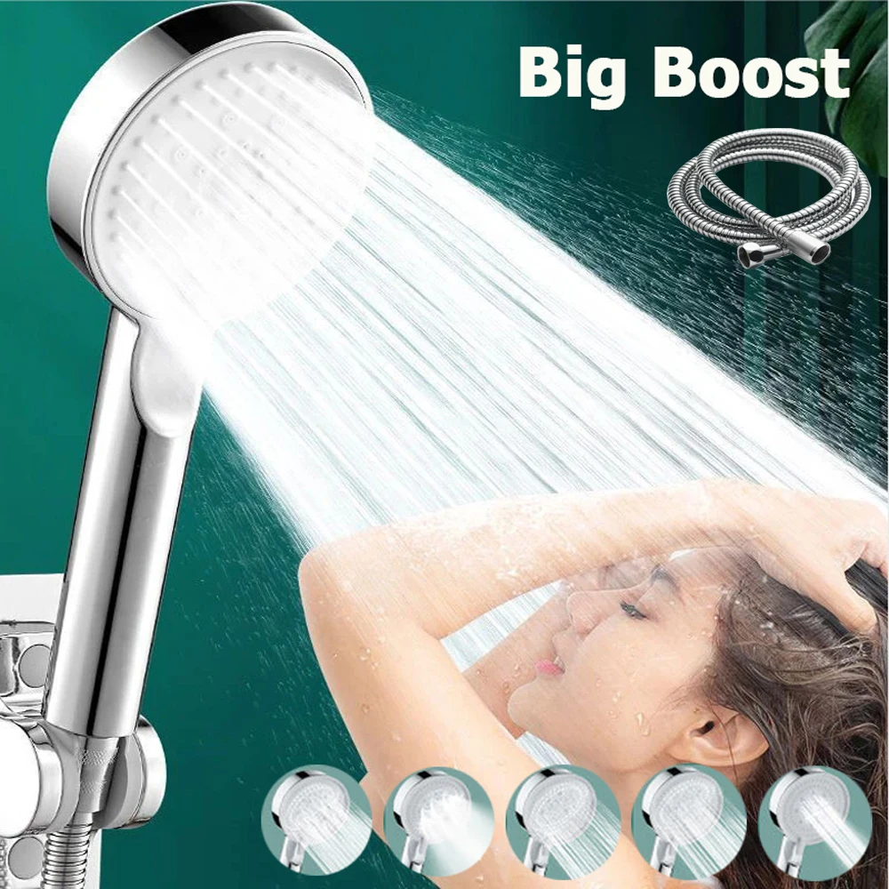 

High Pressure Shower Head 5 Modes Adjustable Showerheads with Hose Water Saving One-Key Stop Spray Nozzle Bathroom Accessories