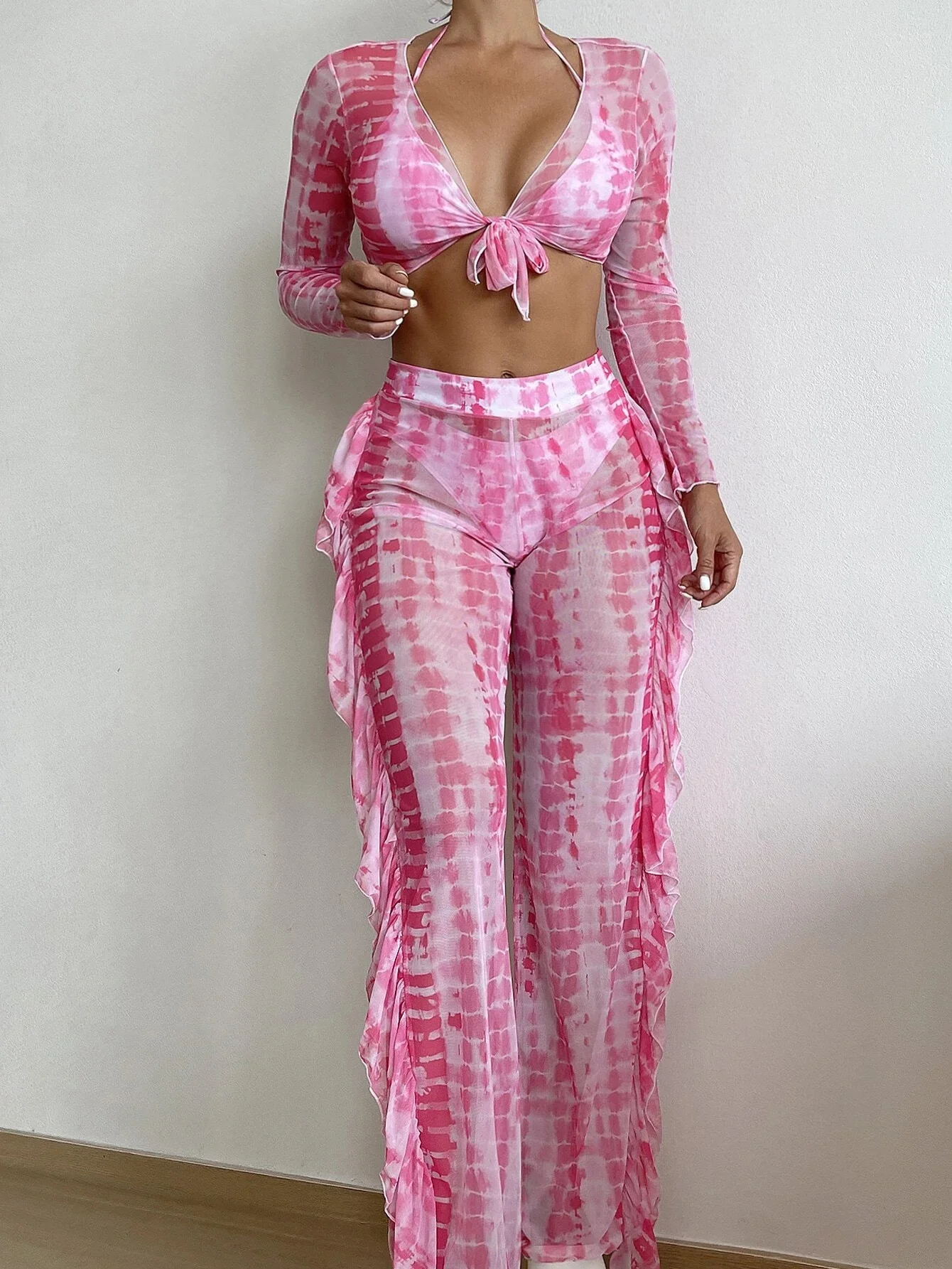 

4 шт., женский купальник с рюшами и лямкой на шее