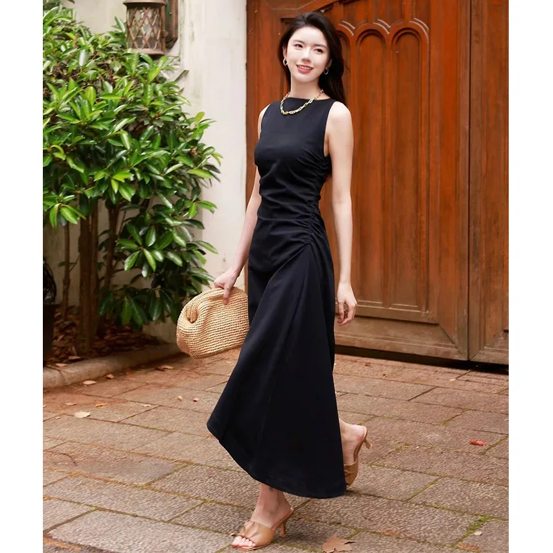 

Элегантное женское платье без рукавов, винтажное приталенное повседневное модное асимметричное простое и уютное платье со складками и круглым вырезом