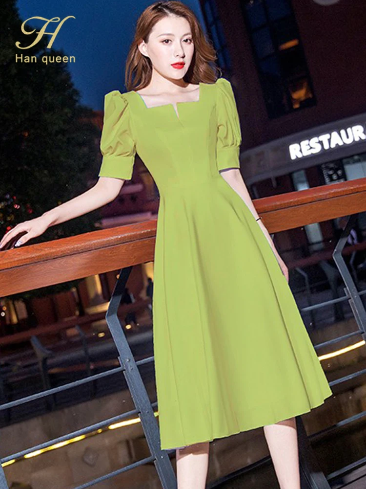 

H Han Queen 2022 Summer Fashion A-line Dress Women Puff Sleeve Casual Vintage Dresses OL Special Occasion Evening Party Vestidos