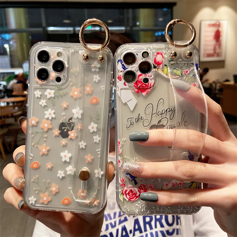 Transparent Flower Wrist Strap Phone Holder Back Case for iPhone 13 Pro Max 12 11 SE 2020 X XR XS 7 Plus 8 Soft TPU Clear Cover