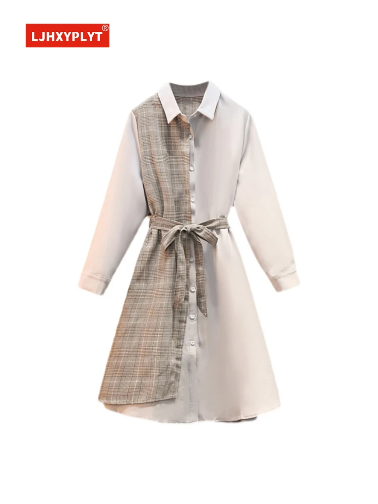 

Plaid Stitching Long-sleeved Dress Women's Spring New Design Contrasting Colors Belt Waist Slim Mid-length Shirt Skirt Female