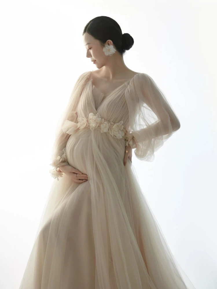 Elegant Maternity Dresses For Photo Shoot Pregnant Women Solid Mesh Yarn V Neck Pregnancy Photography Maternity Maxi Dress enlarge