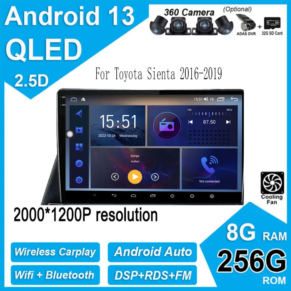

Автомагнитола для Toyota Sienta, мультимедийный стерео-проигрыватель на Android-13, экран 10 дюймов, 1 дюйм, 2016, 2017, 2018, 2019, QLED, Wi-Fi, BT