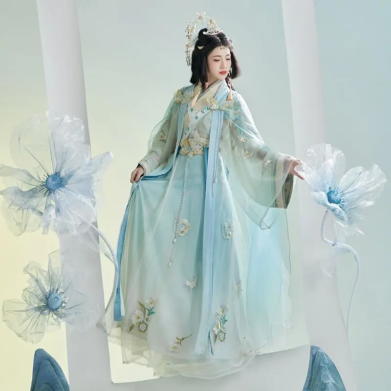 Женское платье в китайском стиле белый голубой топ из двух предметов синяя юбка с