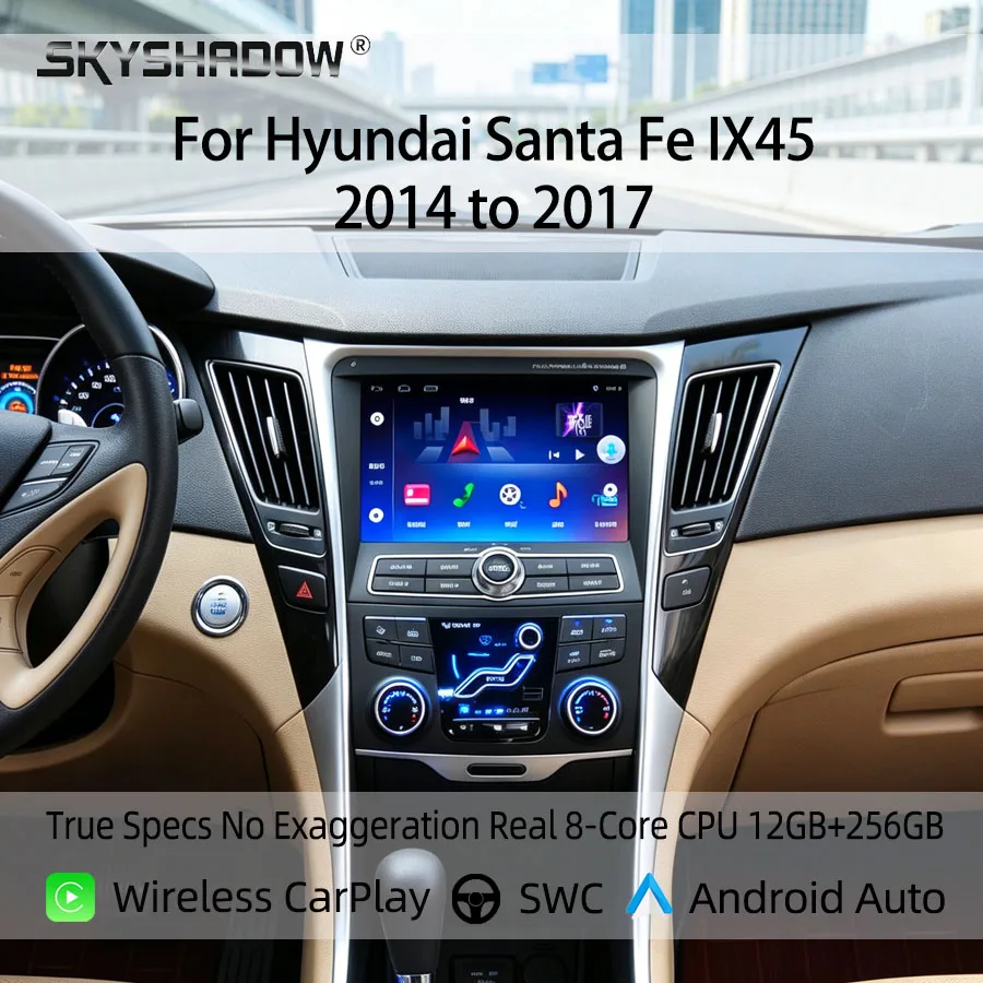 Фото Автомагнитола для Hyundai Santa Fe IX45 2014-2017 с беспроводным CarPlay, Android Auto, навигацией, стереосистемой, мультимедиа, видеоплеером и Wi-Fi №1