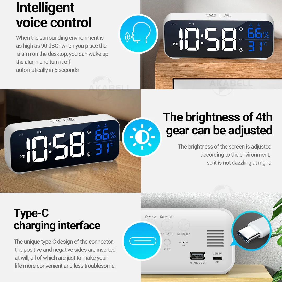 

Wiressless Mirror Alarm Clock LED With Voice Control Temperature Humidity Snooze USB Rechargeable Music Table Clock Genuine Hot